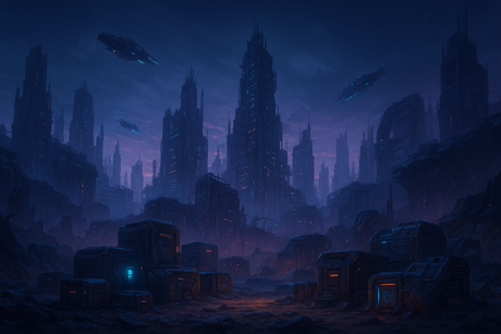 Futuristic city ruins with glowing neon lights and modular sci-fi terrain buildings, ideal for tabletop wargaming and RPG scenery.