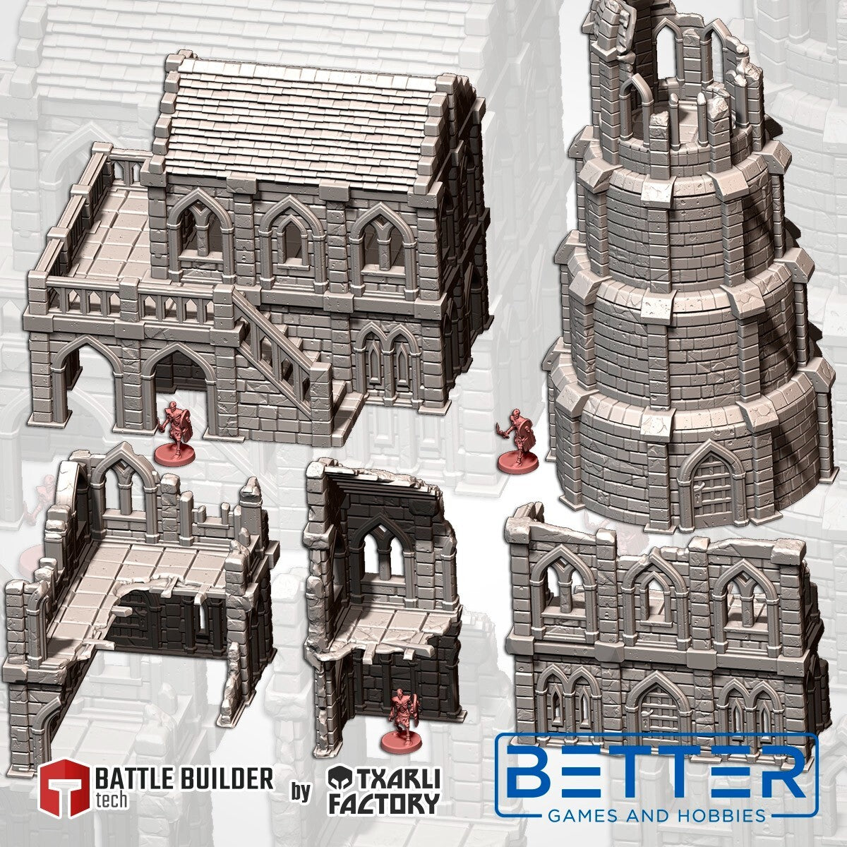Grey 3D printed Middle Earth fantasy tabletop wargames terrain pieces including a mansion, ruined tower, and wall sections