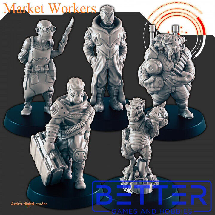 Hive Market Workers - 28mm Scale Miniatures for Sci-Fi Wargaming