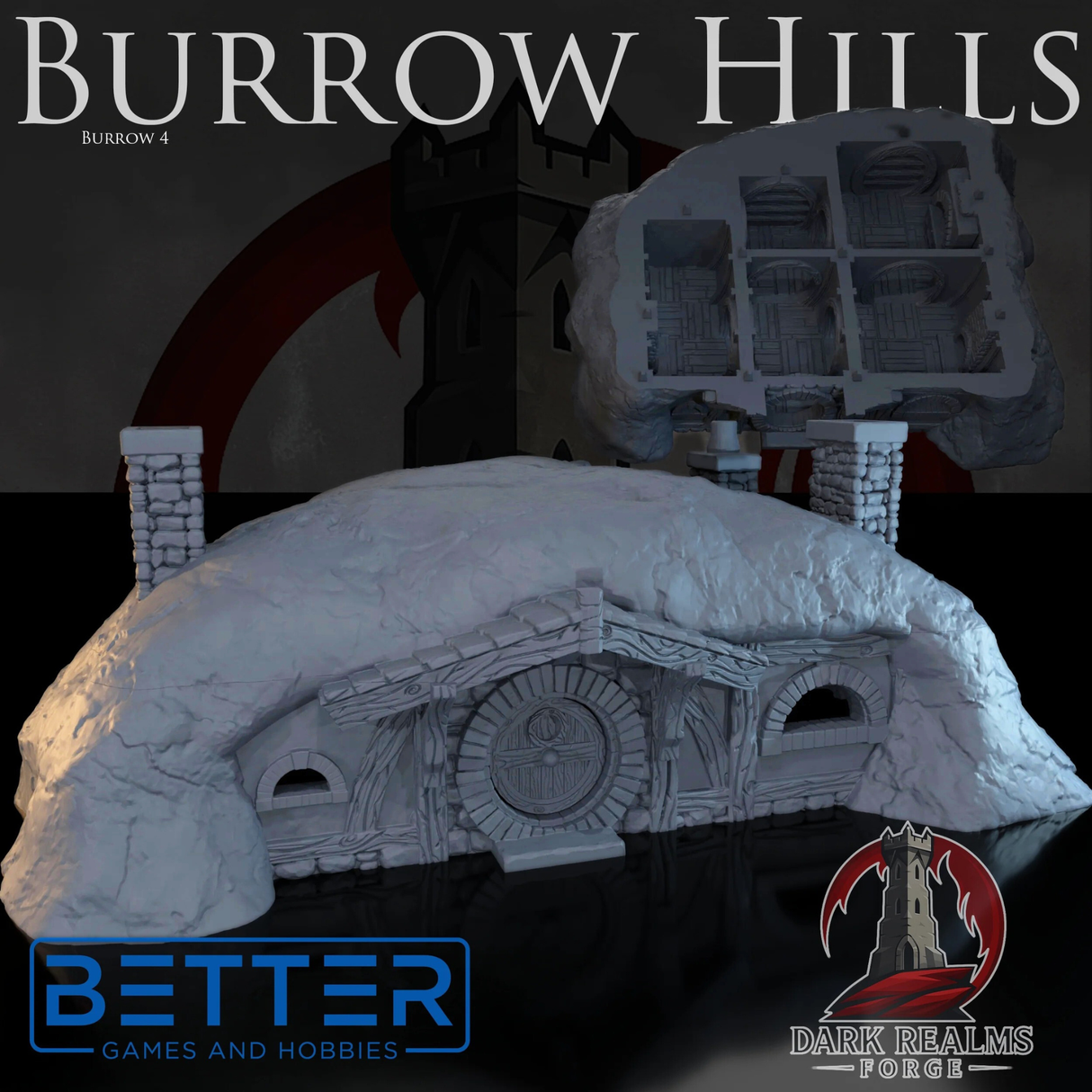 Burrow 4 - Burrow Hills, Halfling village. Fantasy tabletop terrain