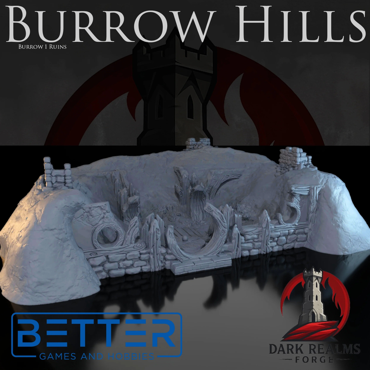 House 1 in Ruins - Burrow Hills, Halfling village. Fantasy tabletop terrain
