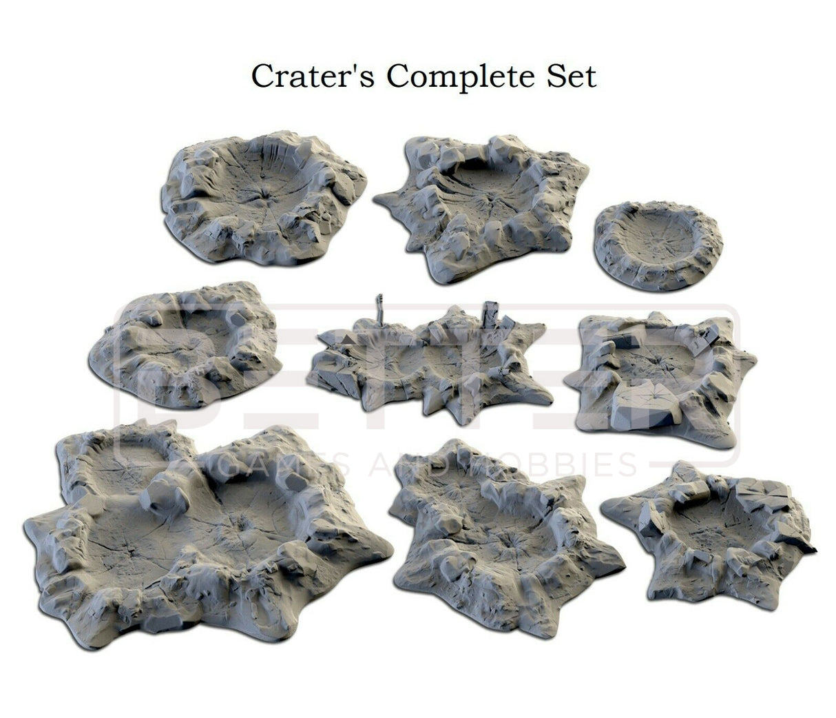 Complete set of 9 unpainted 3D printed grey crater scatter terrain pieces for sci-fi wargaming and tabletop games