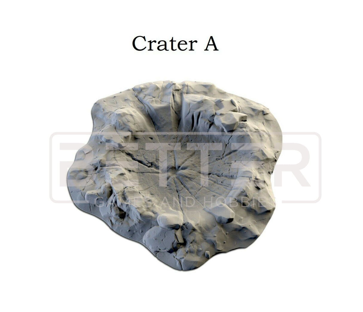 3D printed Crater A, a single rocky grey sci-fi wargaming scatter terrain piece for tabletop games.