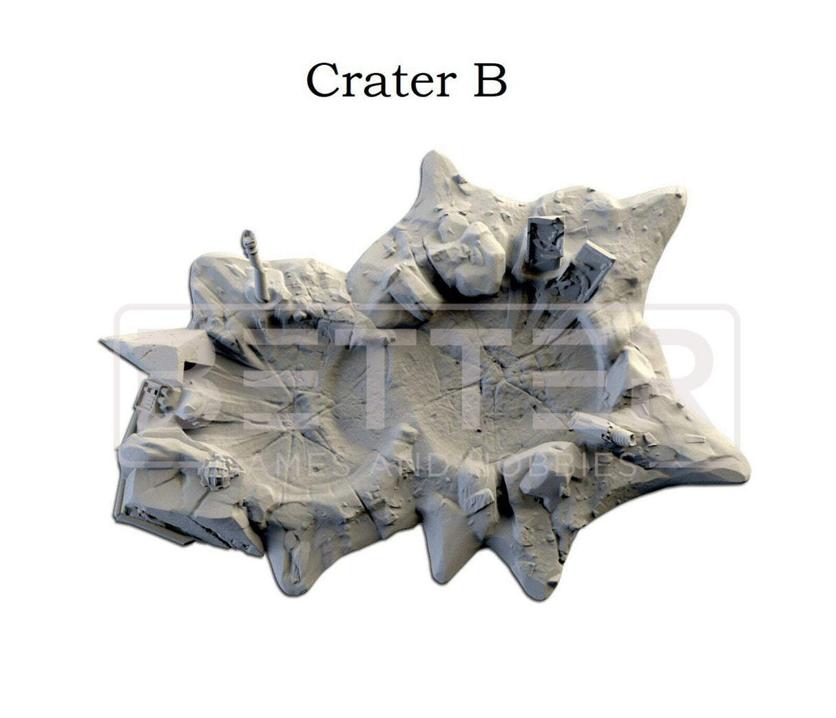 3D printed Crater B scatter terrain piece, detailed for sci-fi wargaming & tabletop games, white background