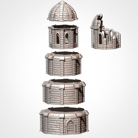 3D printed Grey PLA+ modular tower pieces and a ruined section for Middle Earth fantasy tabletop terrain