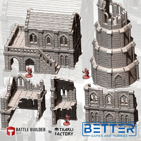 Grey 3D printed Middle Earth fantasy tabletop wargames terrain pieces including a mansion, ruined tower, and wall sections