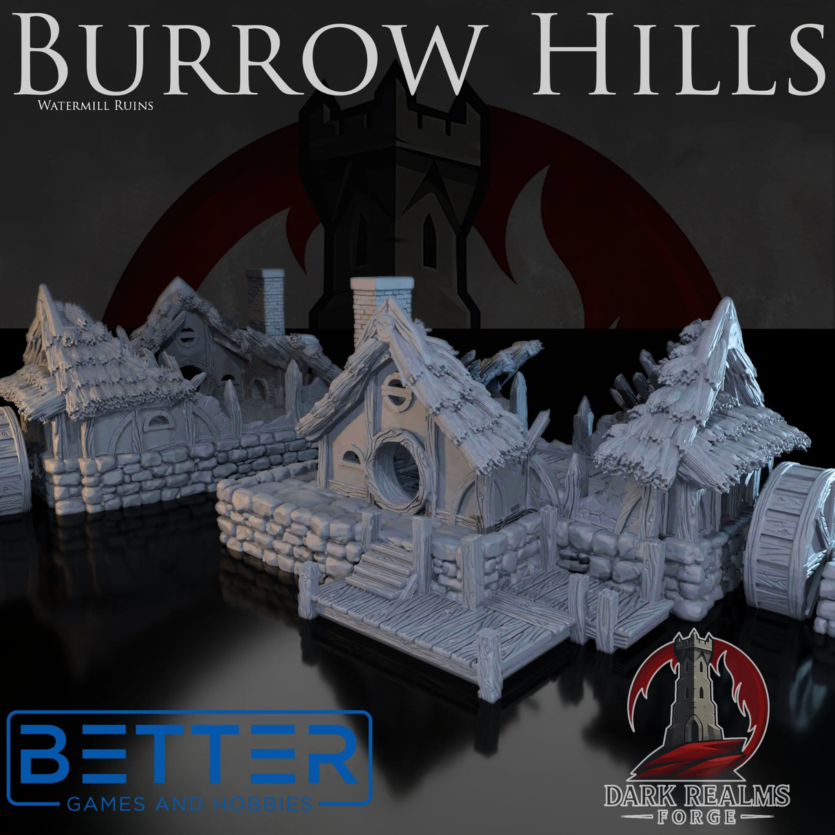 Watermill in Ruins - Burrow Hills, Halfling village. Fantasy tabletop terrain