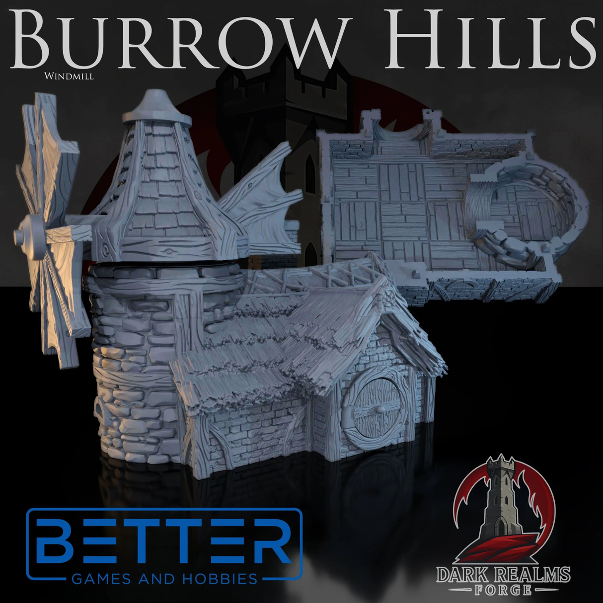 Windmill - Burrow Hills, Halfling village. Fantasy tabletop wargaming adventure terrain