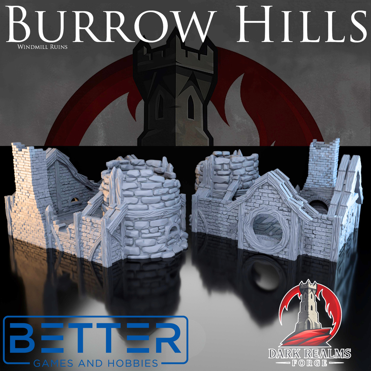 Windmill in Ruins - Burrow Hills, Halfling village. Fantasy tabletop wargaming adventure terrain